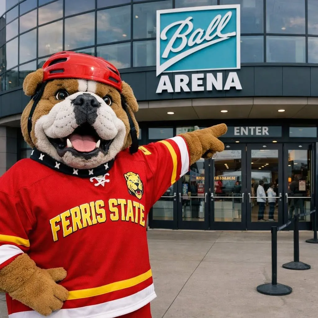 Ferris State bulldog mascot outside Ball Arena